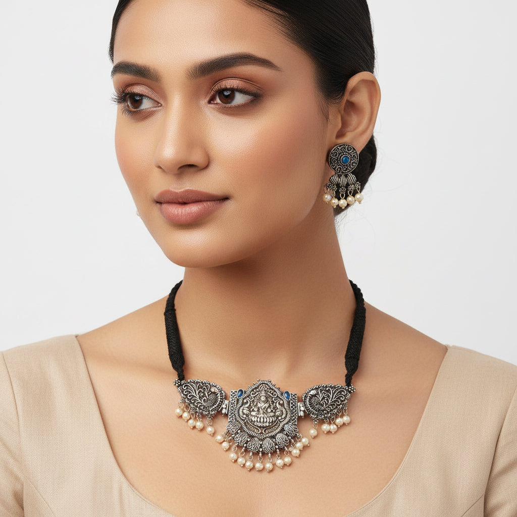 Padmalaya- Stone-Studded Laxmi Motif German Silver Neckpiece set(Blue)