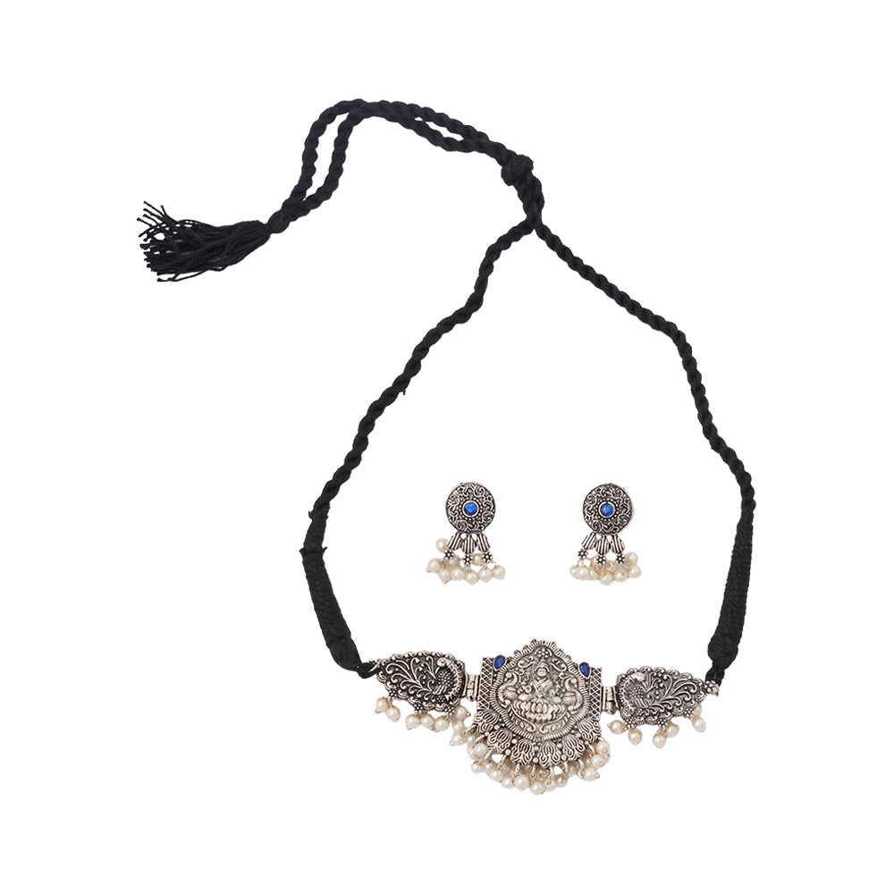 Padmalaya- Stone-Studded Laxmi Motif German Silver Neckpiece set(Blue)