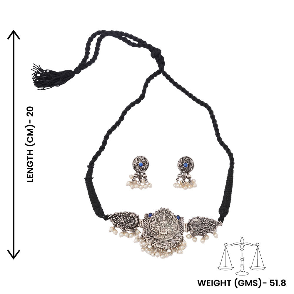 Padmalaya- Stone-Studded Laxmi Motif German Silver Neckpiece set(Blue)