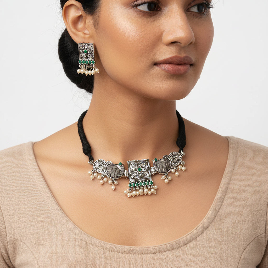 Rasika- Oxidised neckpiece with Earrings (Green)