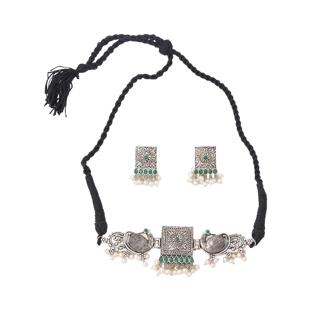 Rasika- Oxidised neckpiece with Earrings (Green)