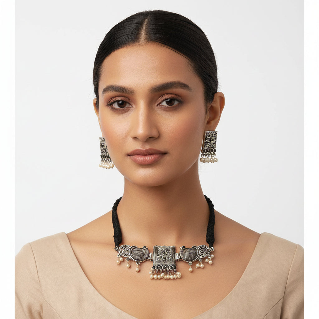 Rasika- Oxidised neckpiece with Earrings (Black)