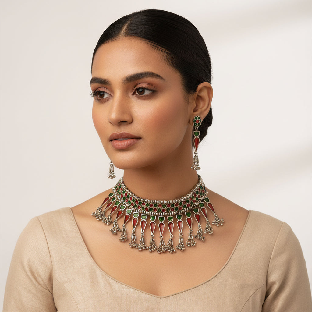 Triveni- Brass Meenakari Choker Neckpiece set