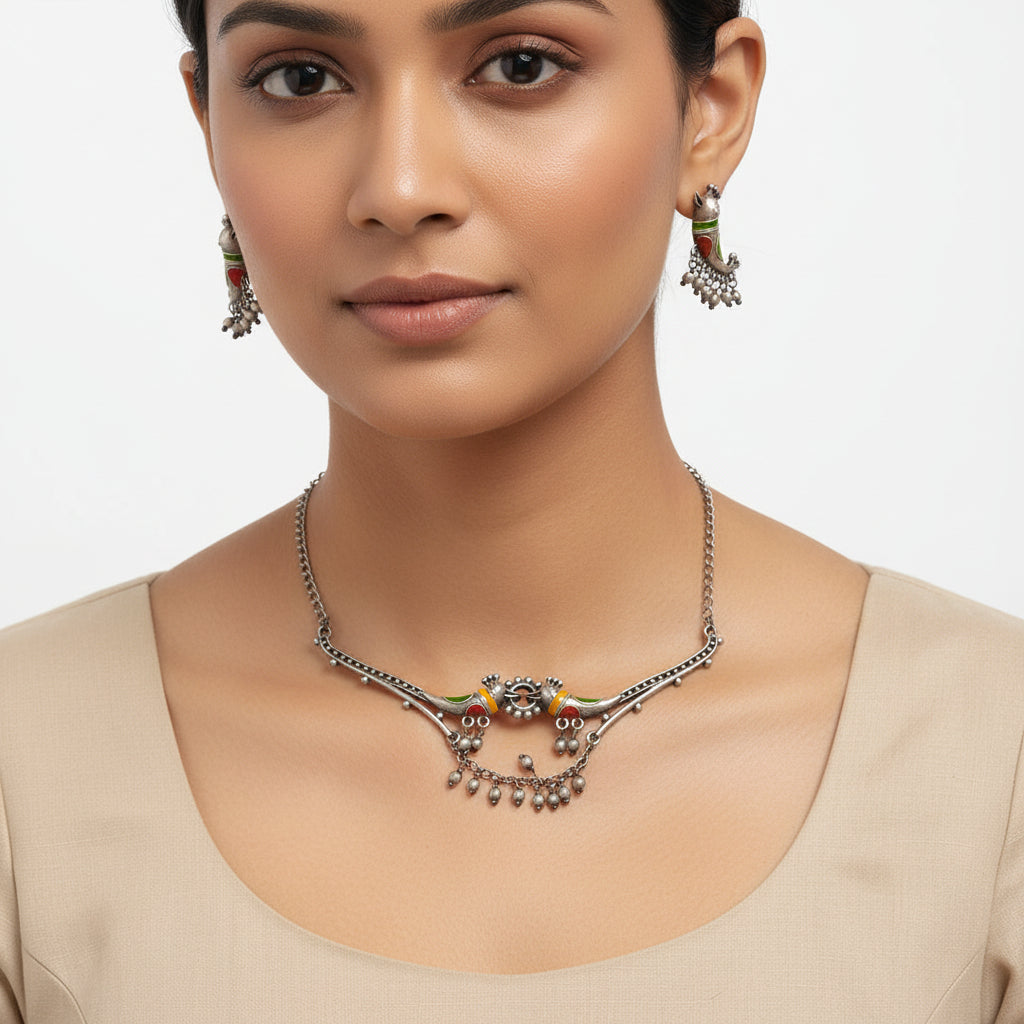 Oormika- Colorful oxidised Silver neckpiece set