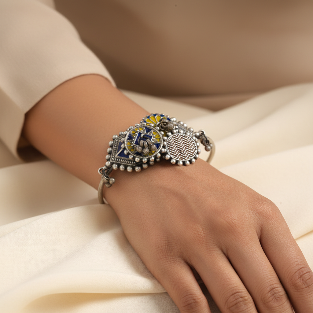 Hemal- Silver oxidised Bracelet (Blue)