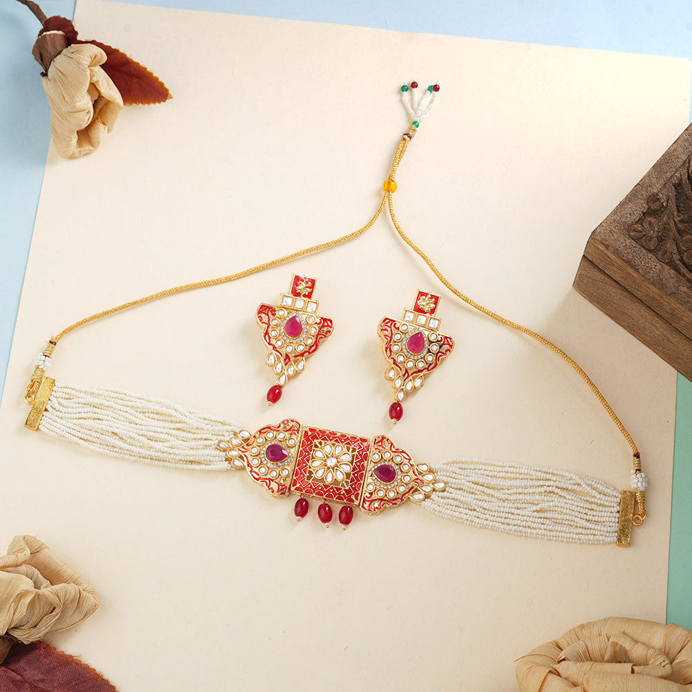 Anaira- Stone studded neckpiece set(Red)