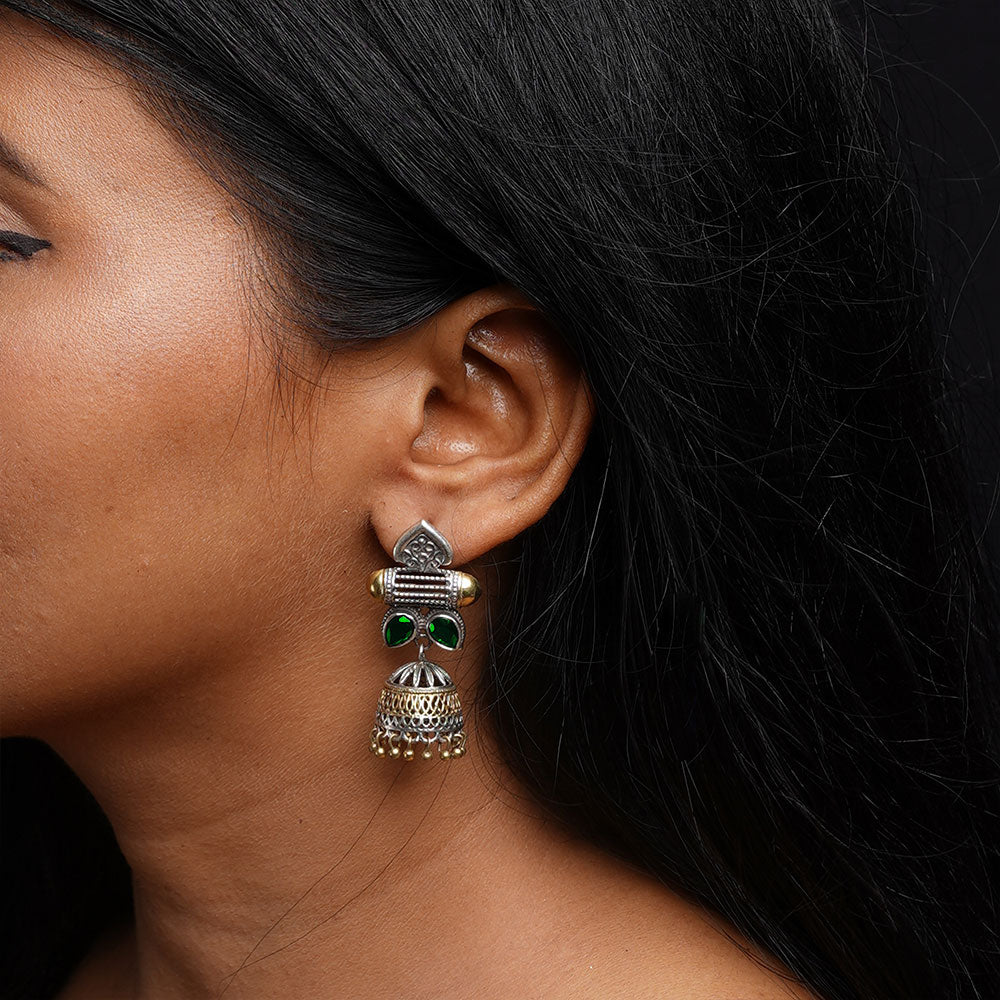 Rupali – Oxidised Silver Brass Stone-Studded Jhumka Earrings (Green)