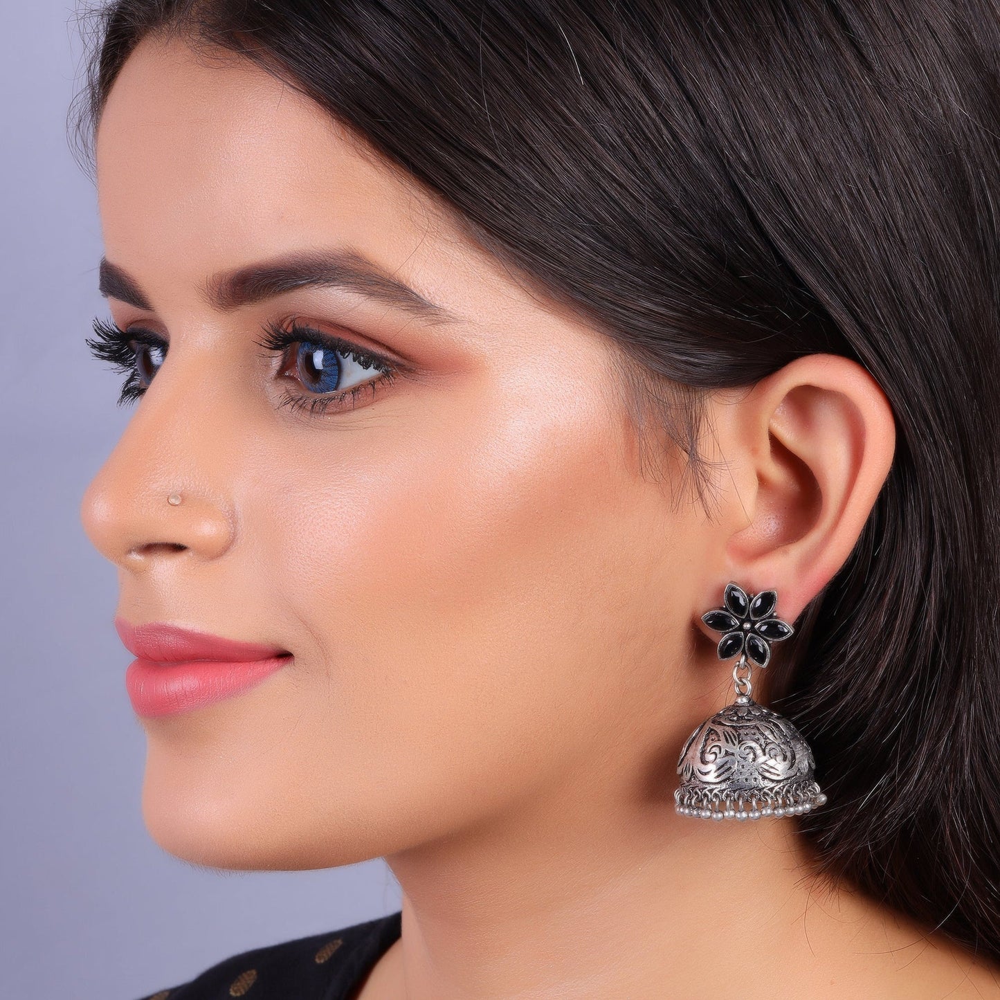 Padmika- Silver Brass Stone-Studded Jhumka Earrings(Green)