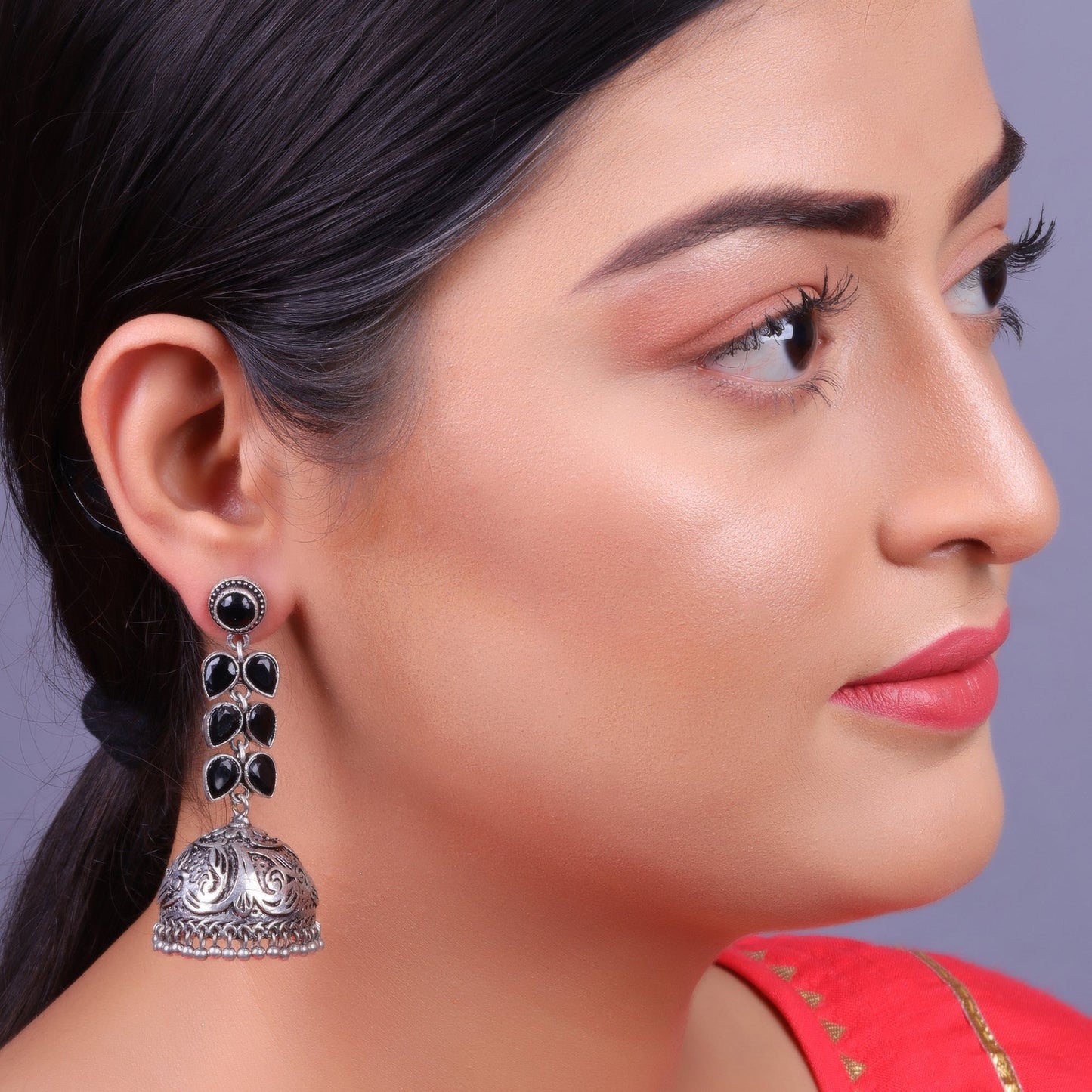 Shyamika- Silver Brass Oxidised Jhumka Earrings(Black)