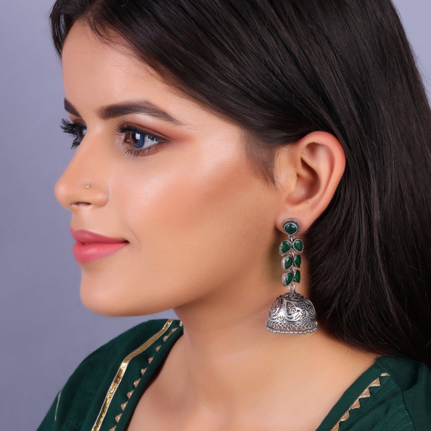 Shyamika- Silver Brass Oxidised Jhumka Earrings(Green)