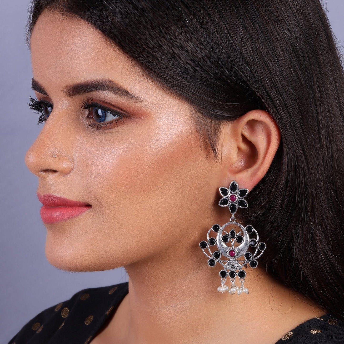 Dhaval- Silver Brass Oxidised dangler earrings(Multicolored RedBlack)