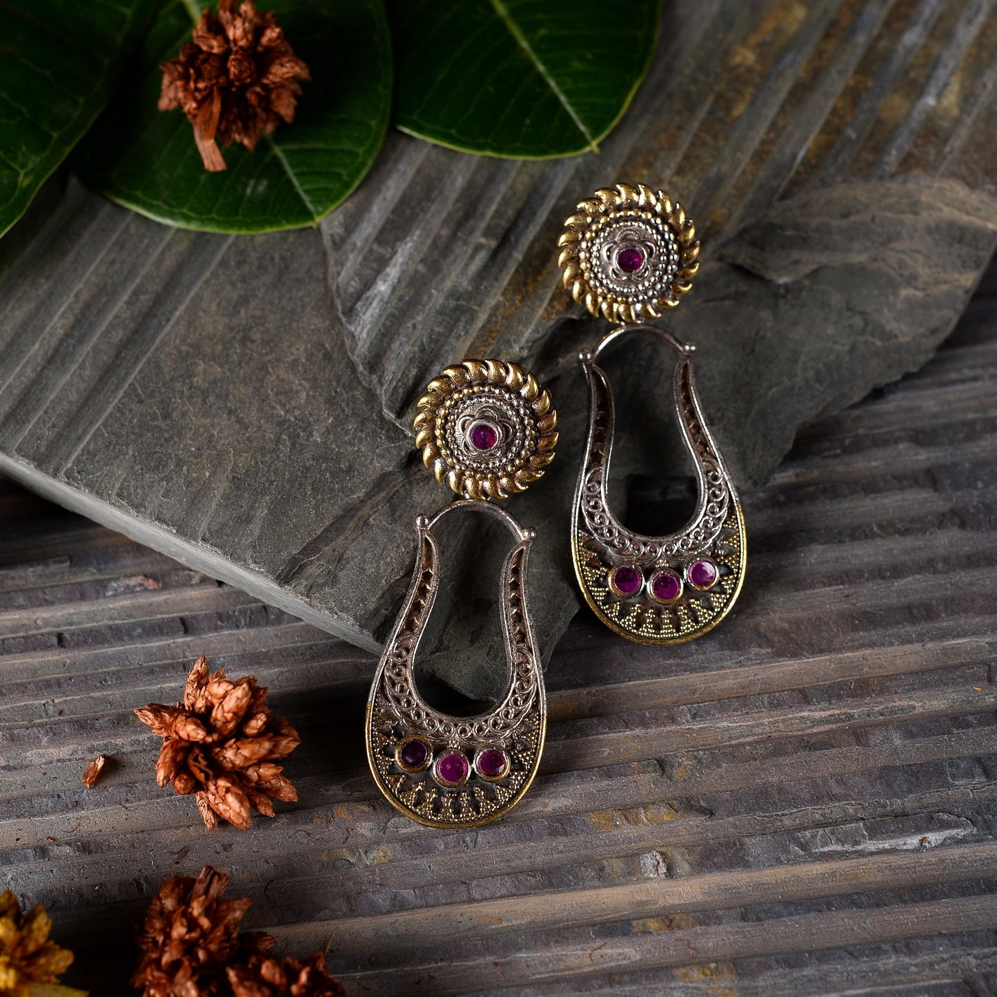 Nupura- Nupura- Silver Brass Oxidised dangler earrings(Red)