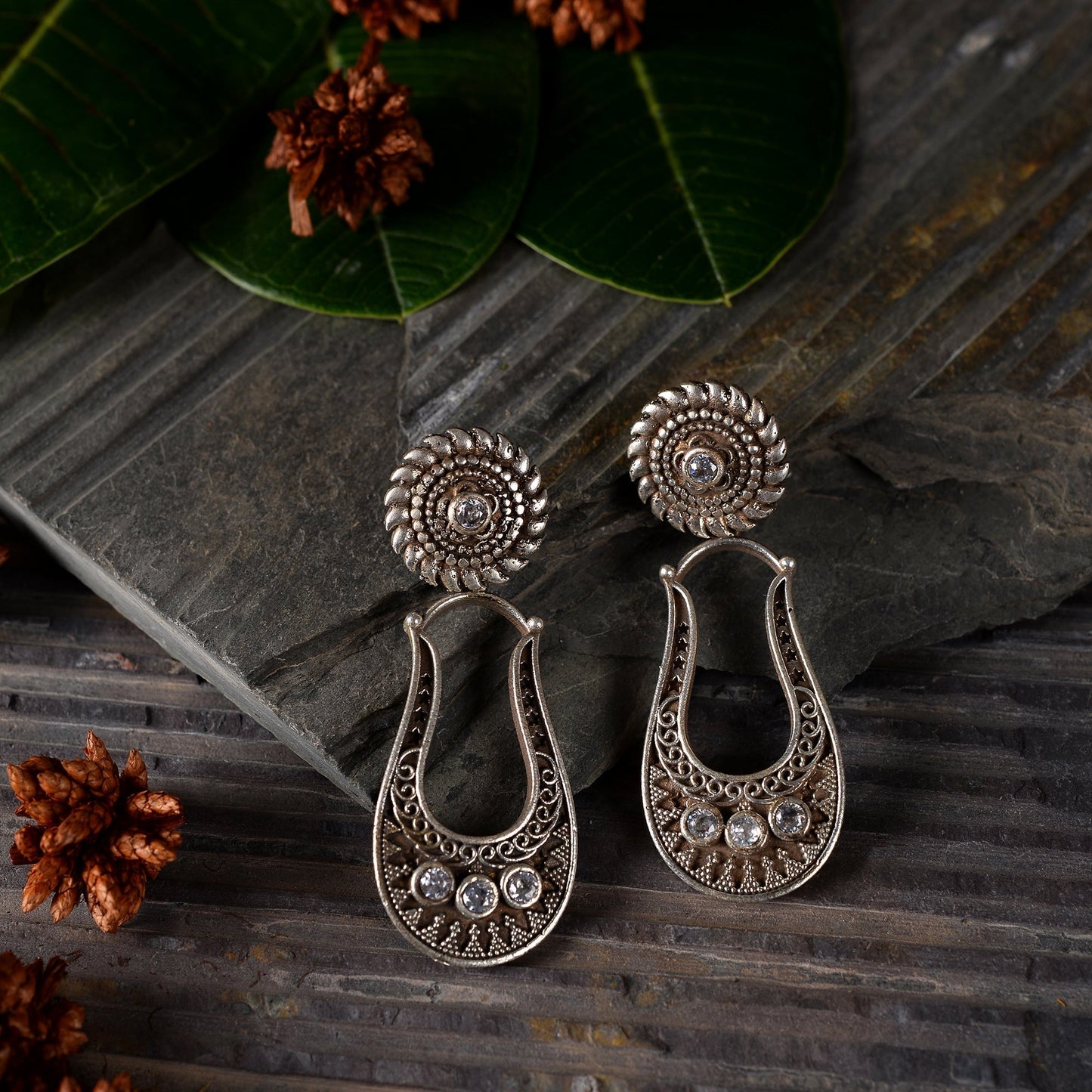 Nupura- Silver Brass Oxidised dangler earrings(White)