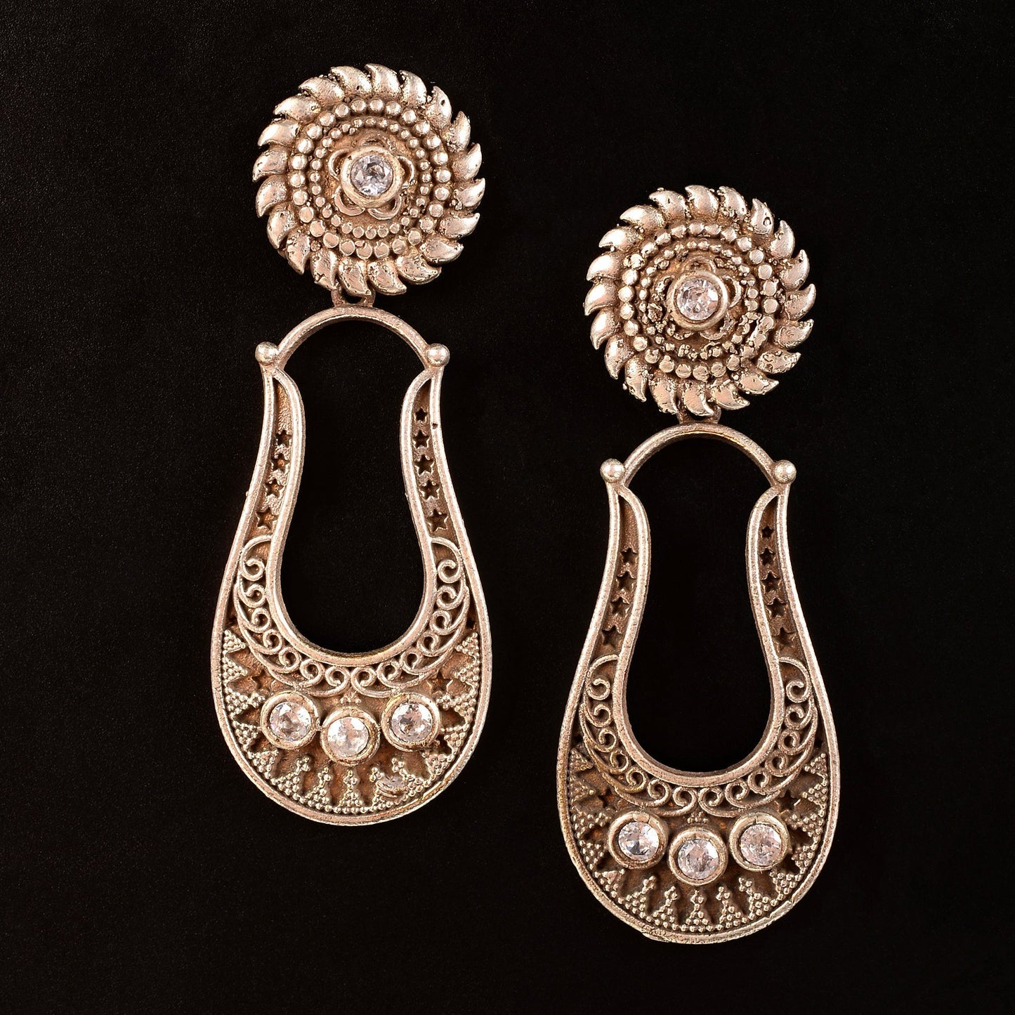 Nupura- Silver Brass Oxidised dangler earrings(White)