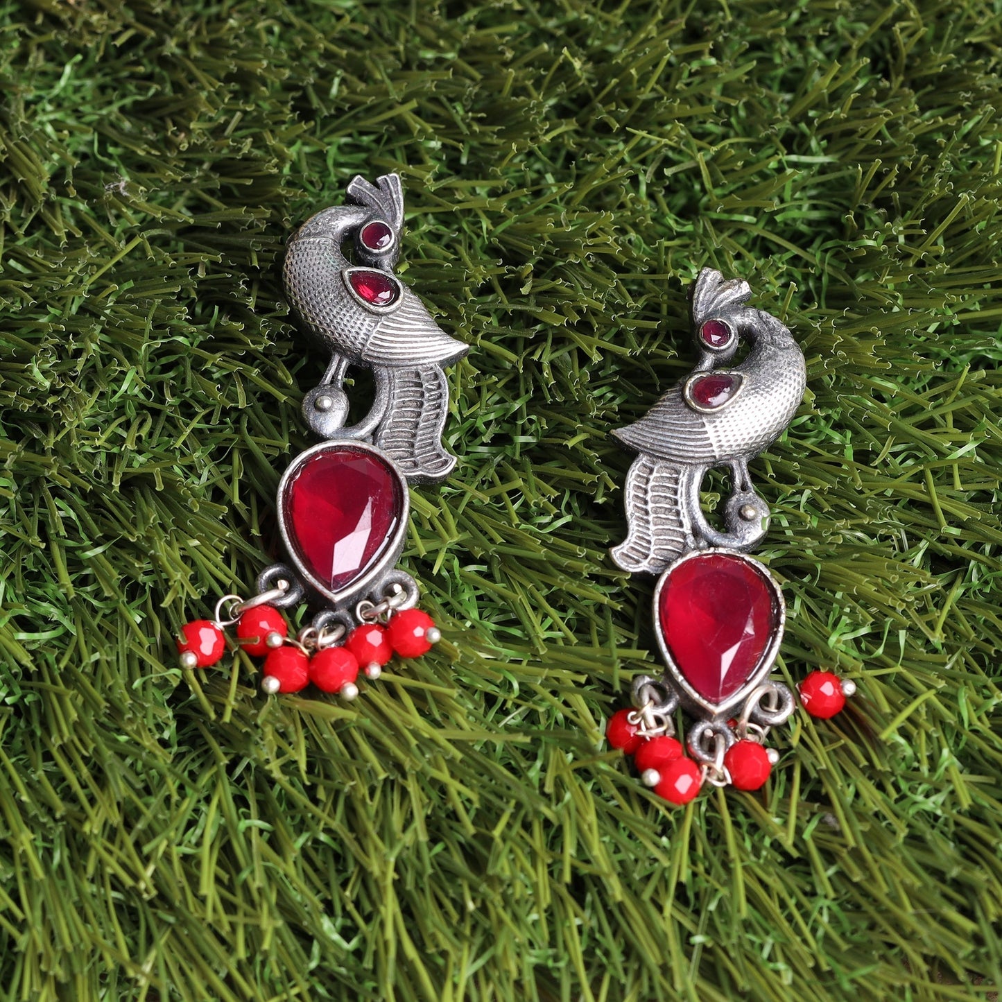 Morisha- Silver Brass Stone-Studded dangler earrings(Red)
