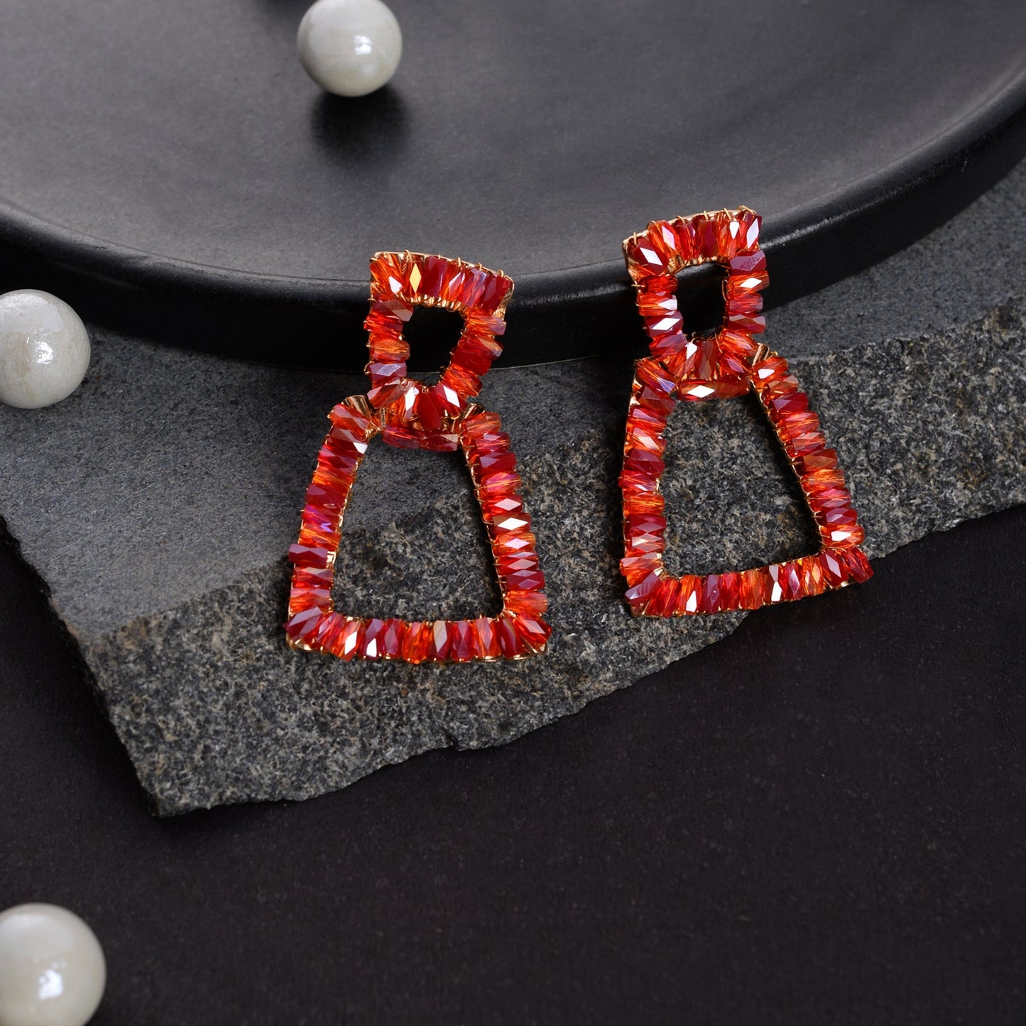 Pop Thread- Stone studded dangler earrings(Red)