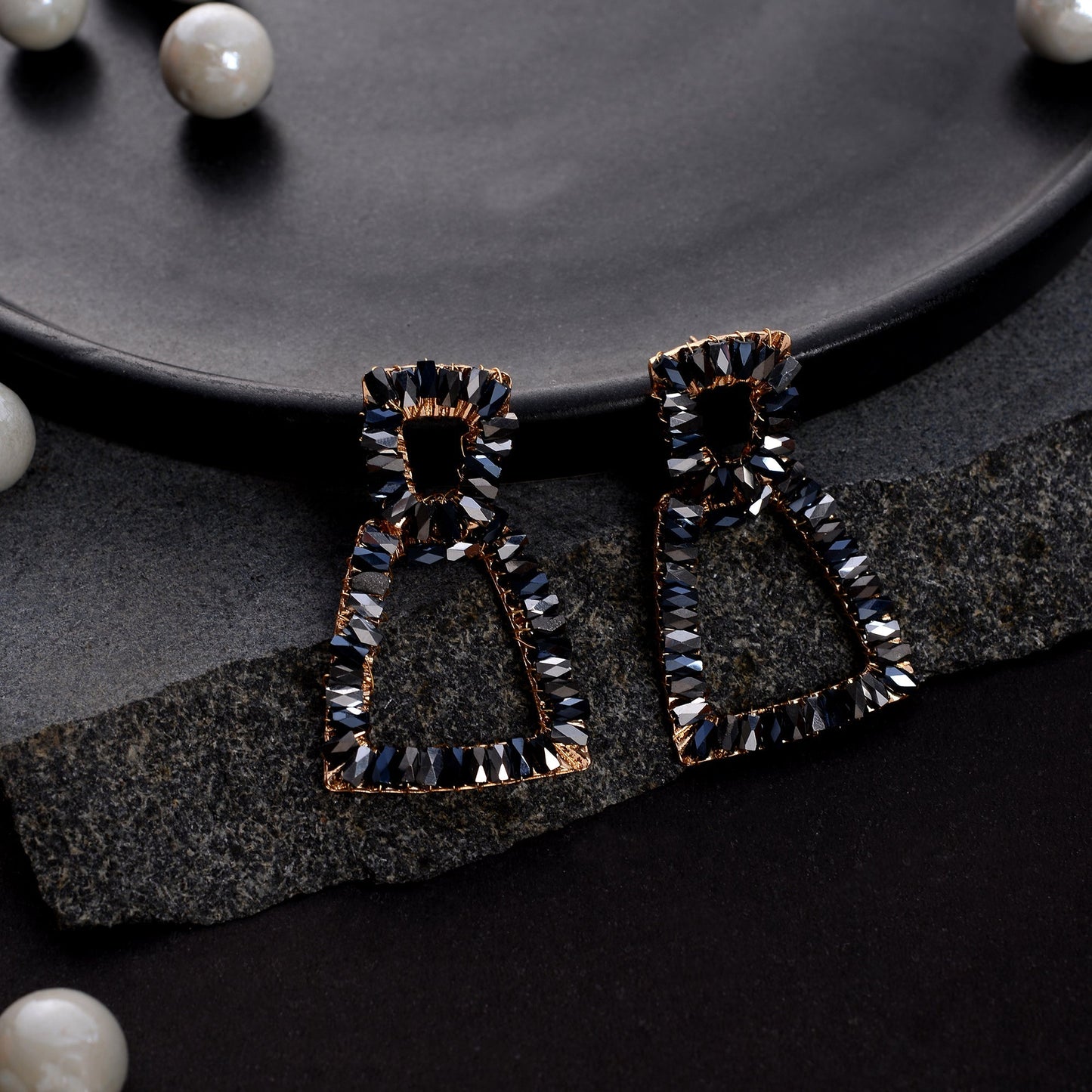 Pop Thread- Stone studded dangler earrings(Black)