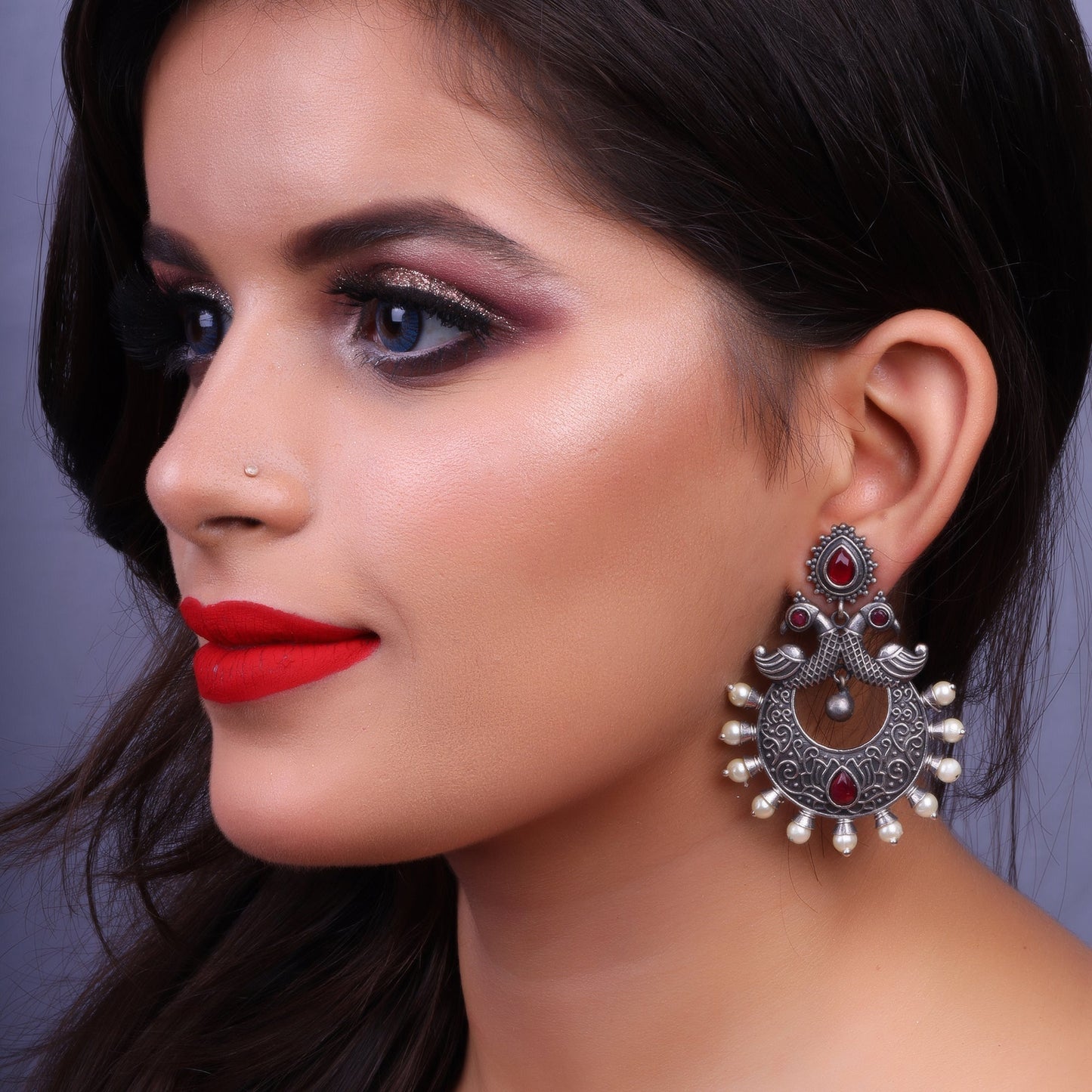 DwiMayura- Silver Brass Oxidised dangler earrings