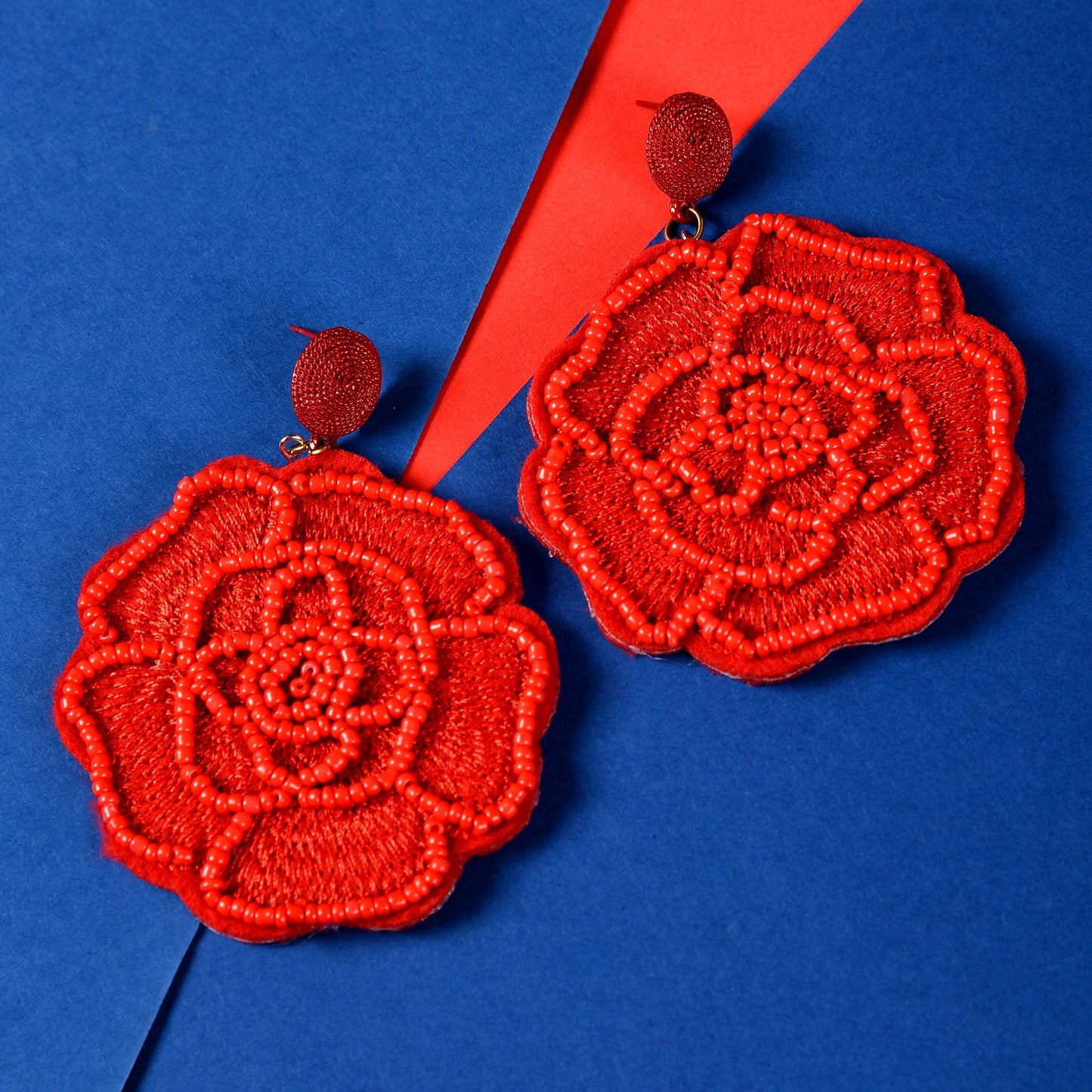 Beady Flower- Beaded rose dangler earrings(Red)