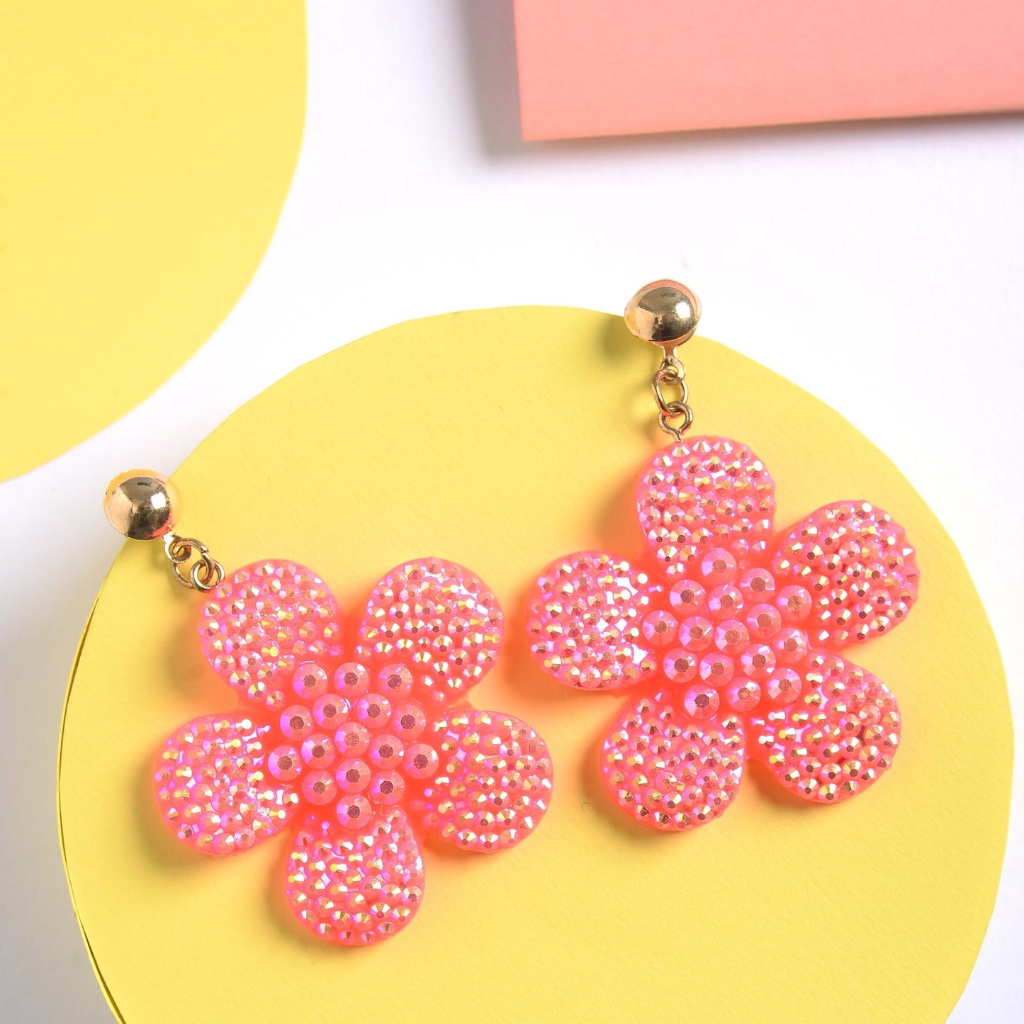 Blush Bloom- Stone studded flower shaped dangler earrings(Baby Pink)