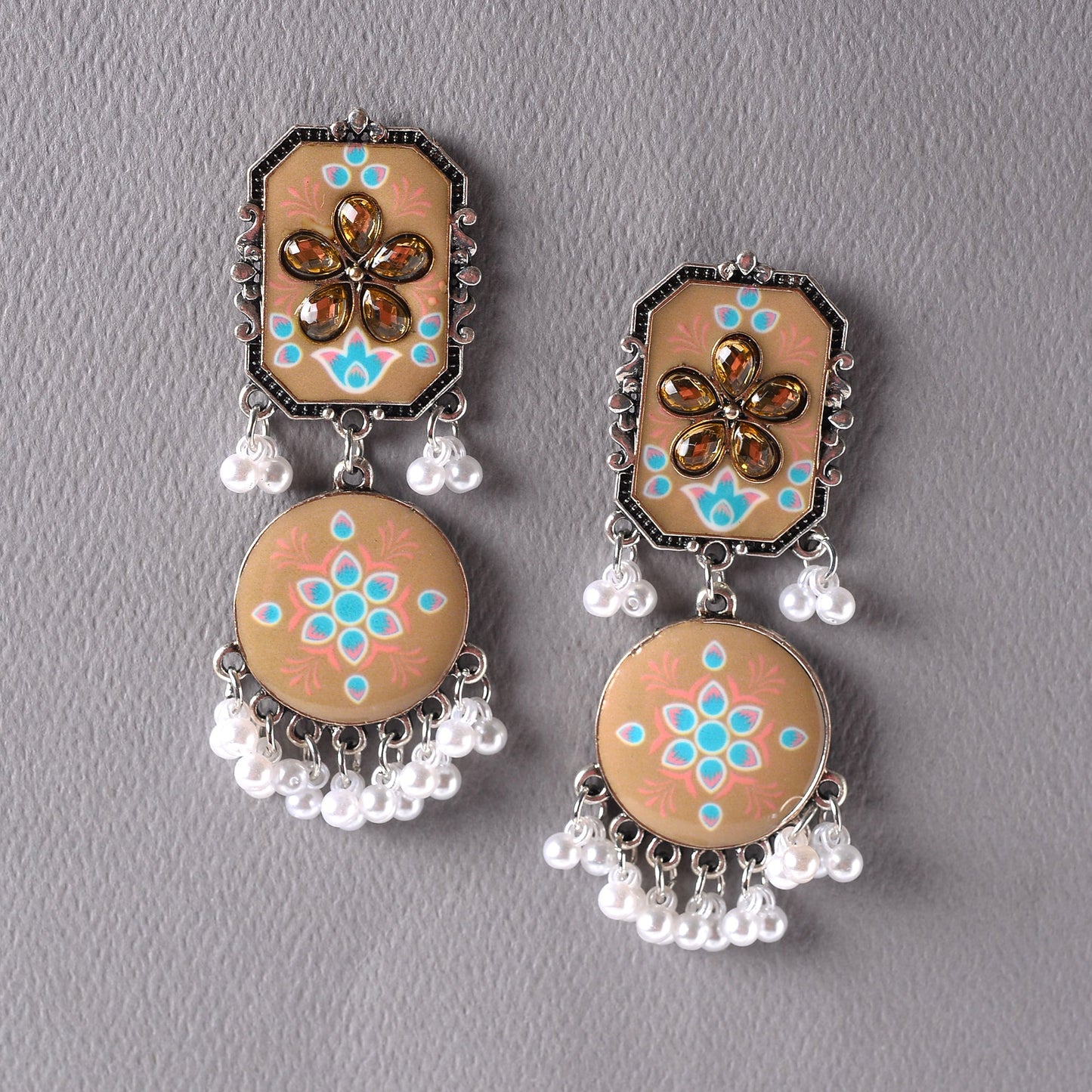 Whisper of Hue- Hand painted hanging pearl Dangler Earrings(Golden rod)