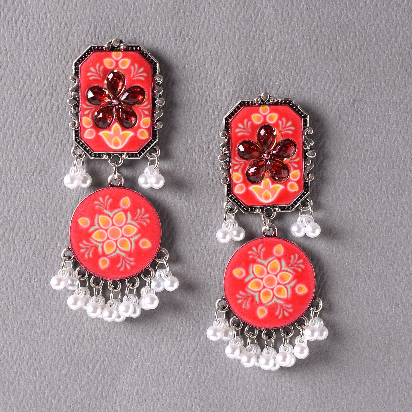 Whisper of Hue- Hand painted hanging pearl Dangler Earrings(Red)