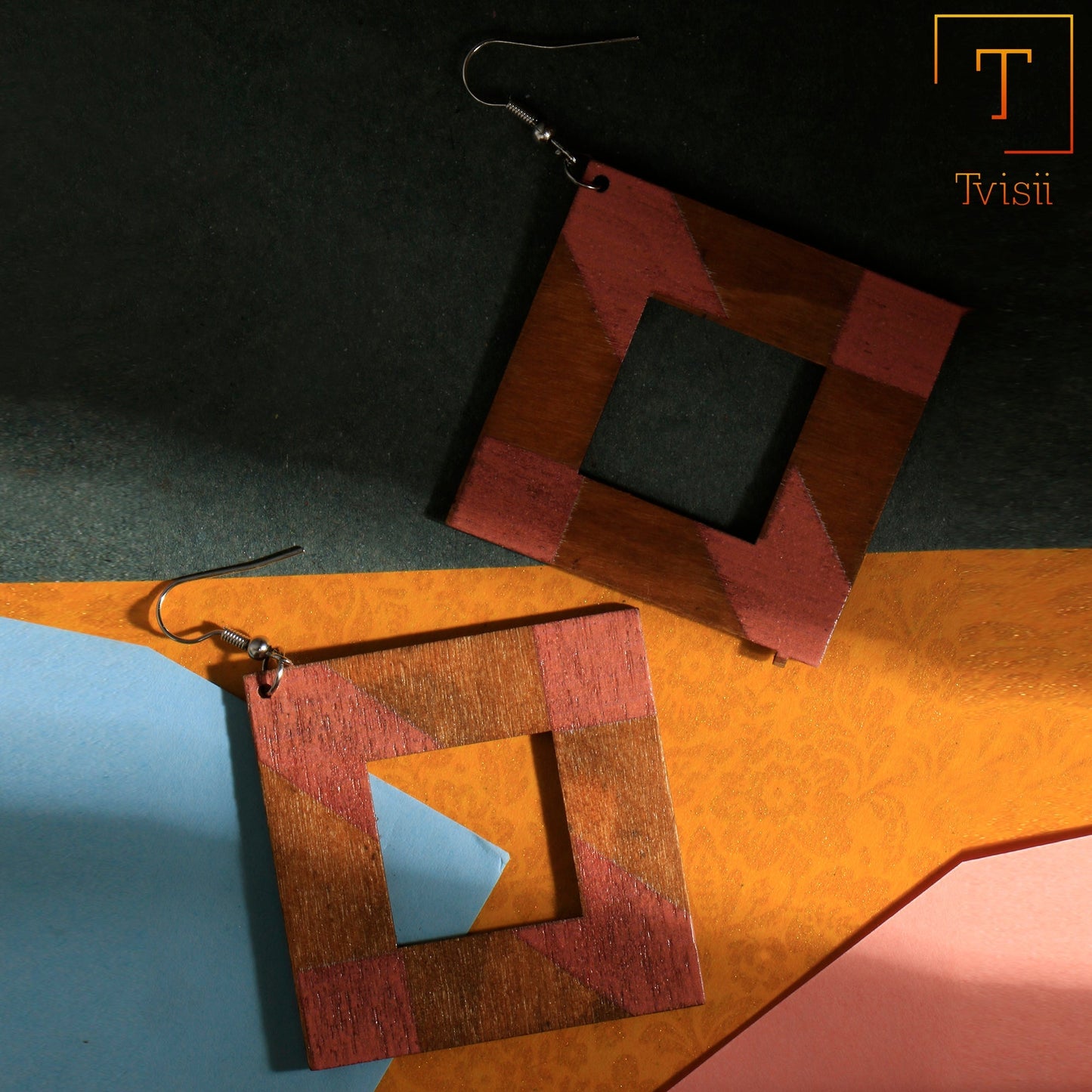 Amber Stripe- Wooden dangler earrings