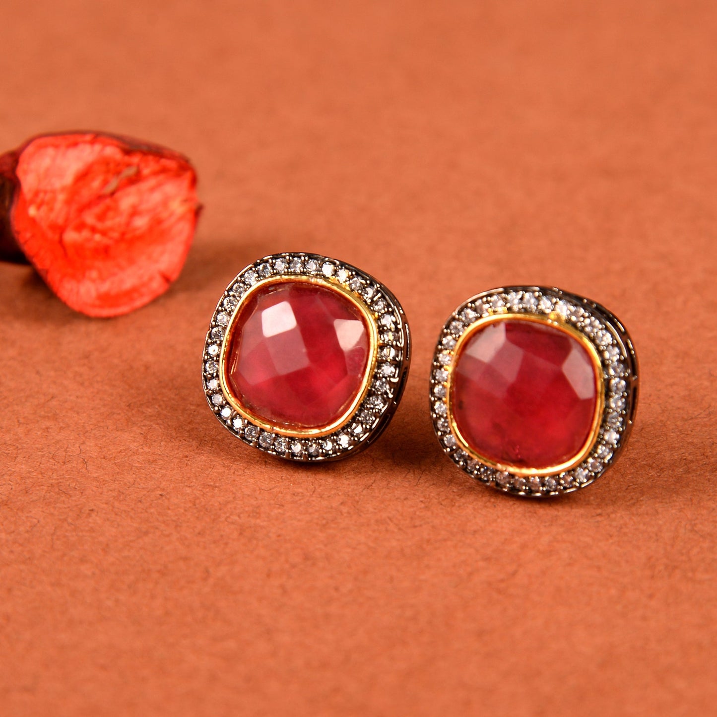 Carved crimson- Stone studded Stud earrings