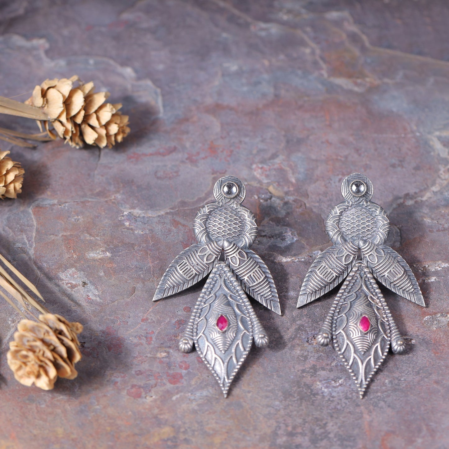 Patra- Silver Brass Oxidised Dangler earrings
