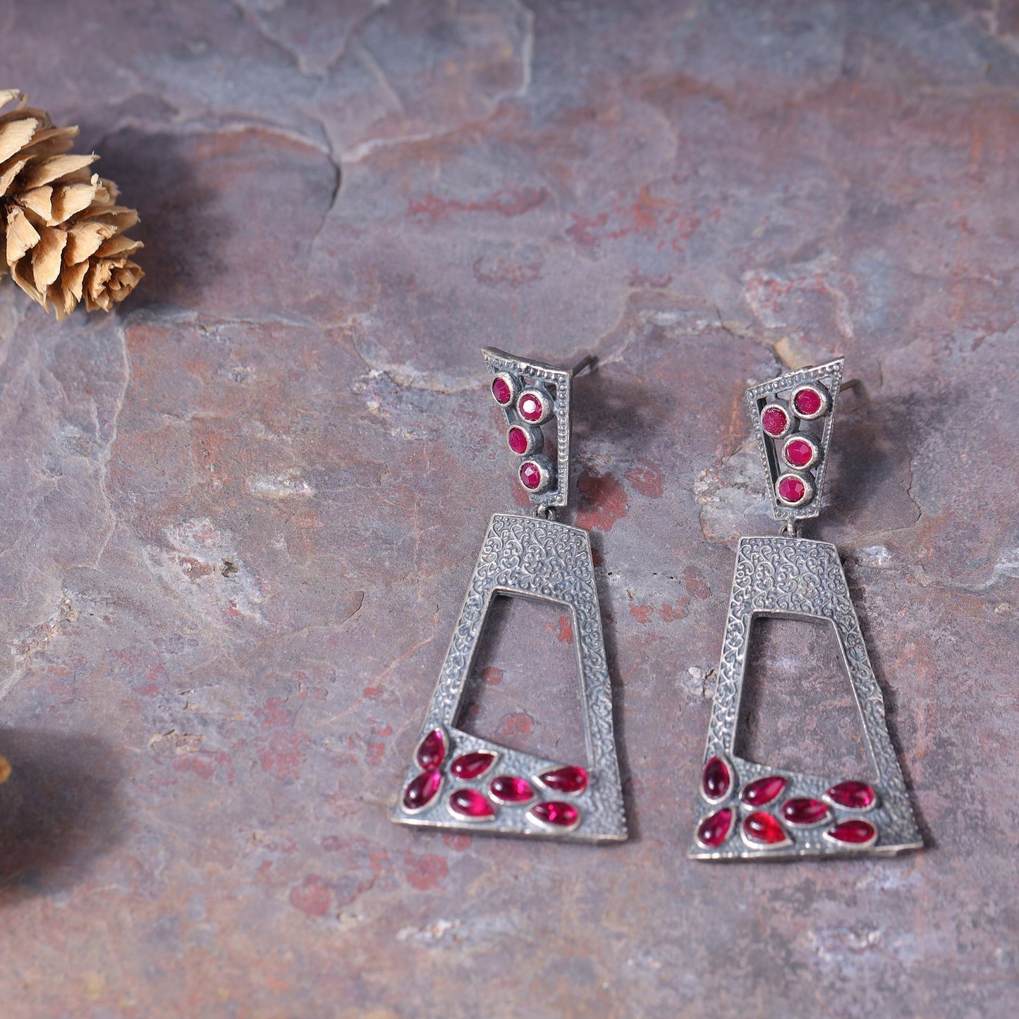 Vakrini- Silver Brass Oxidised dangler earrings
