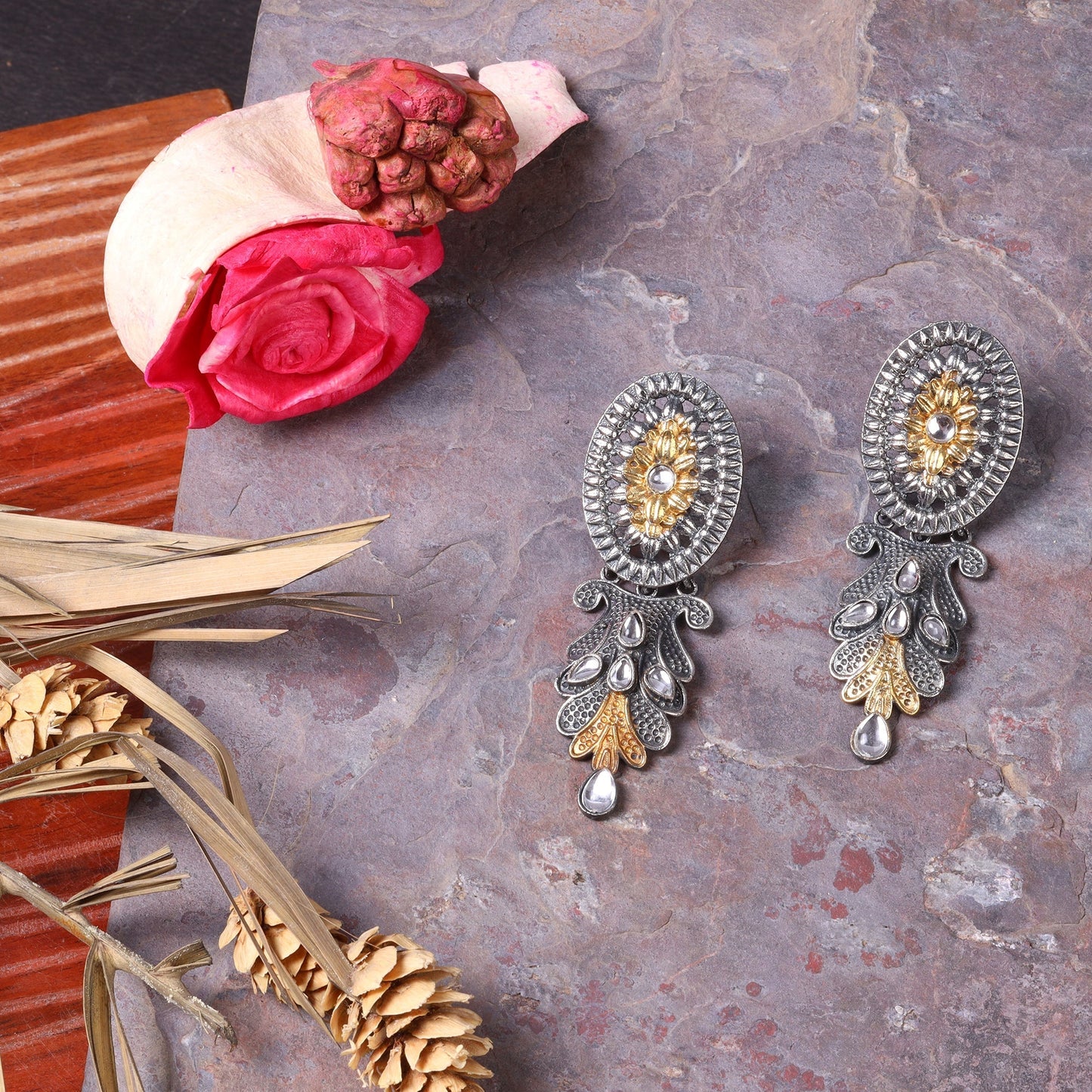 DwiVarna- Silver Brass Oxidised dangler earrings