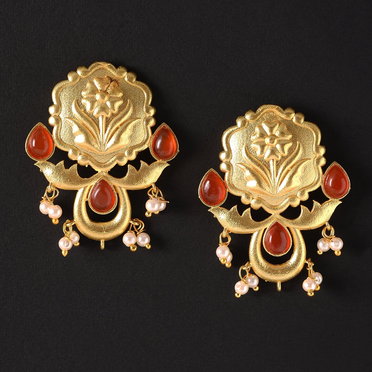 Ritika- Stone Studded Hanging Pearls Stud Earrings(Dark Red)