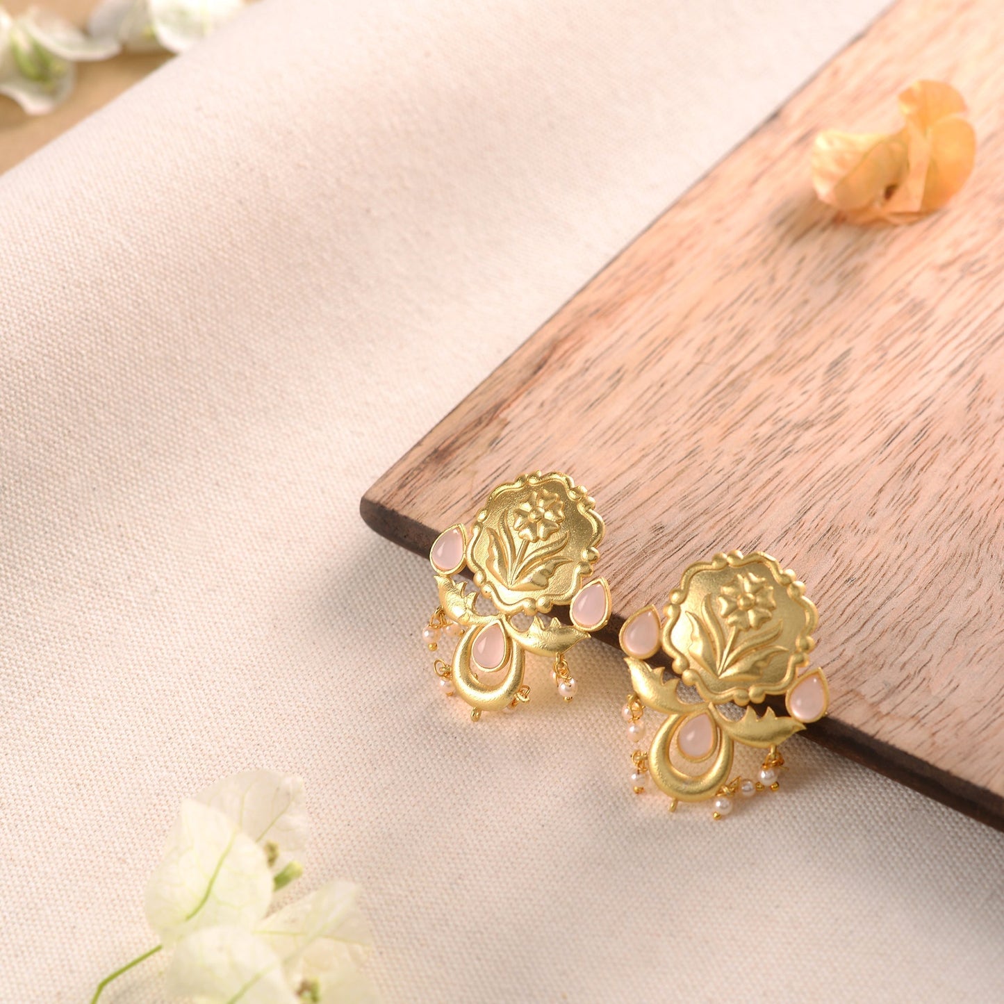 Ritika- Stone Studded Hanging Pearls Stud Earrings(Baby Pink)