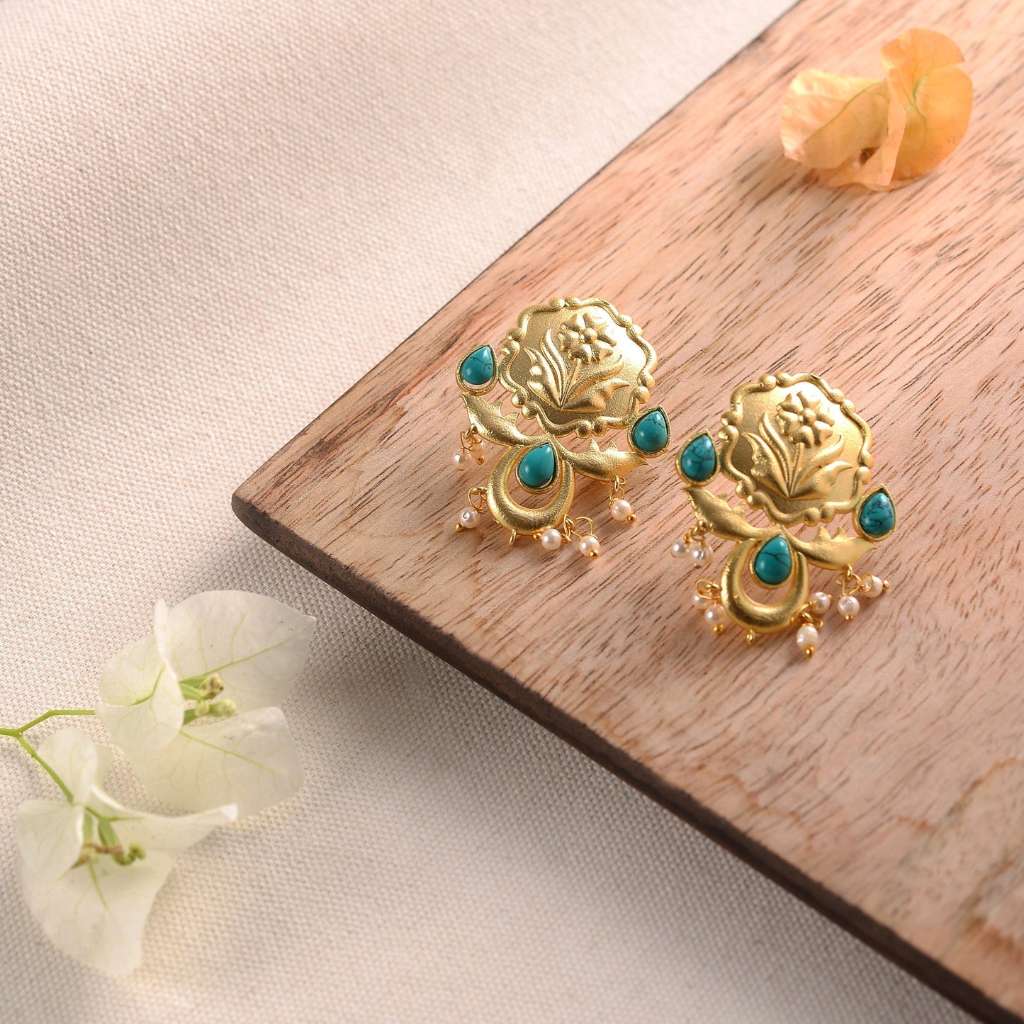 Ritika- Stone Studded Hanging Pearls Stud Earrings(Dark Green)