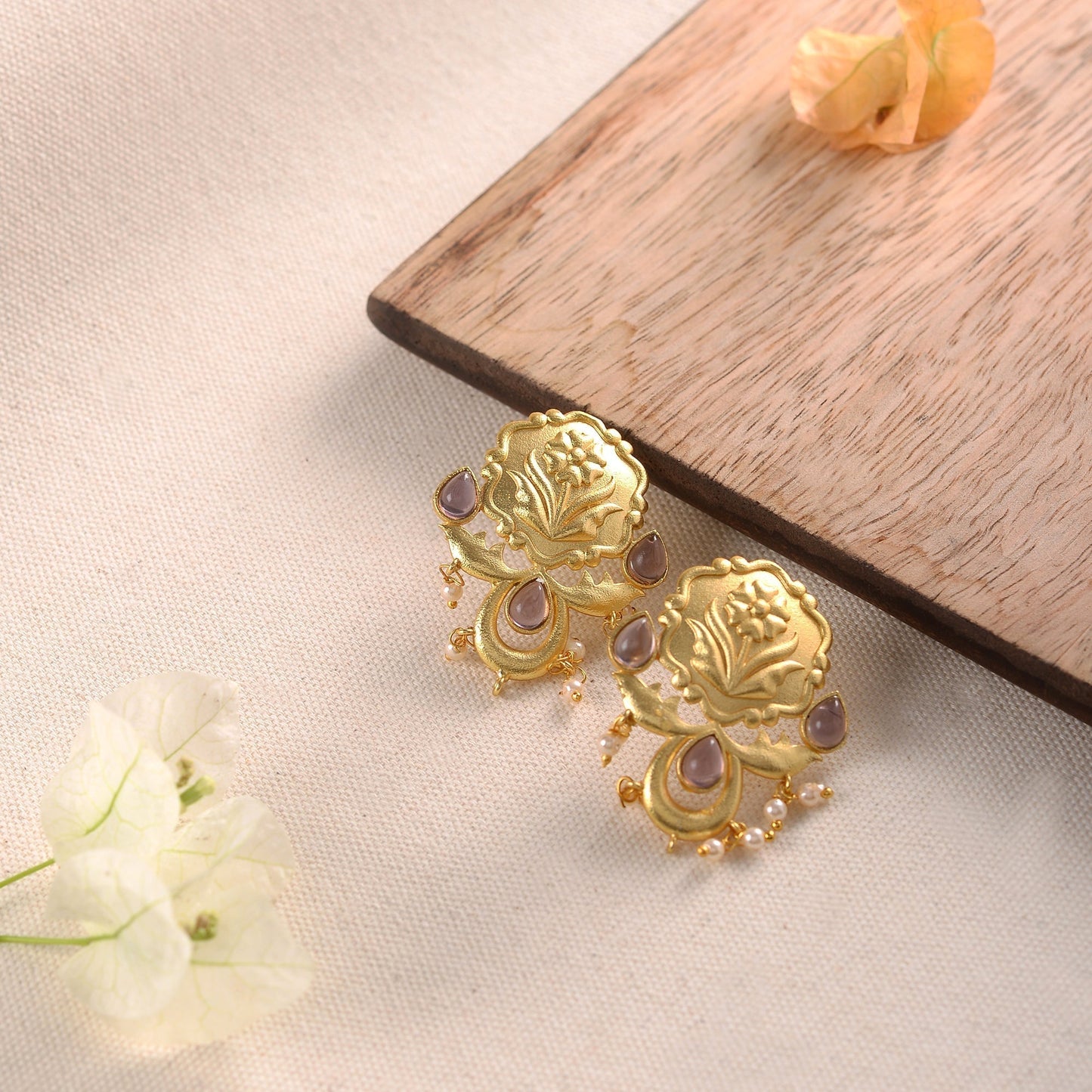 Ritika- Stone Studded Hanging Pearls Stud Earrings(Purple)