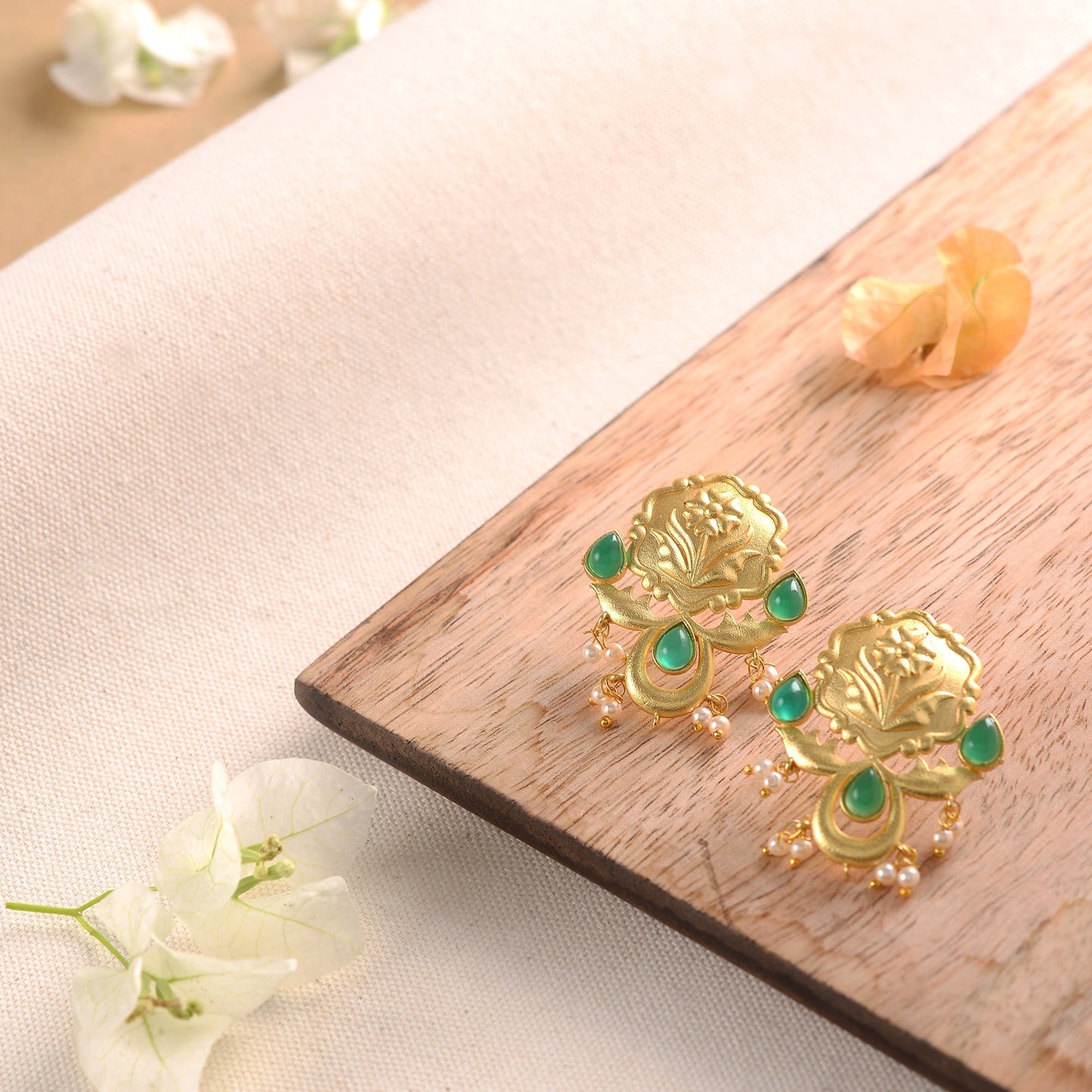 Ritika- Stone Studded Hanging Pearls Stud Earrings(Green)