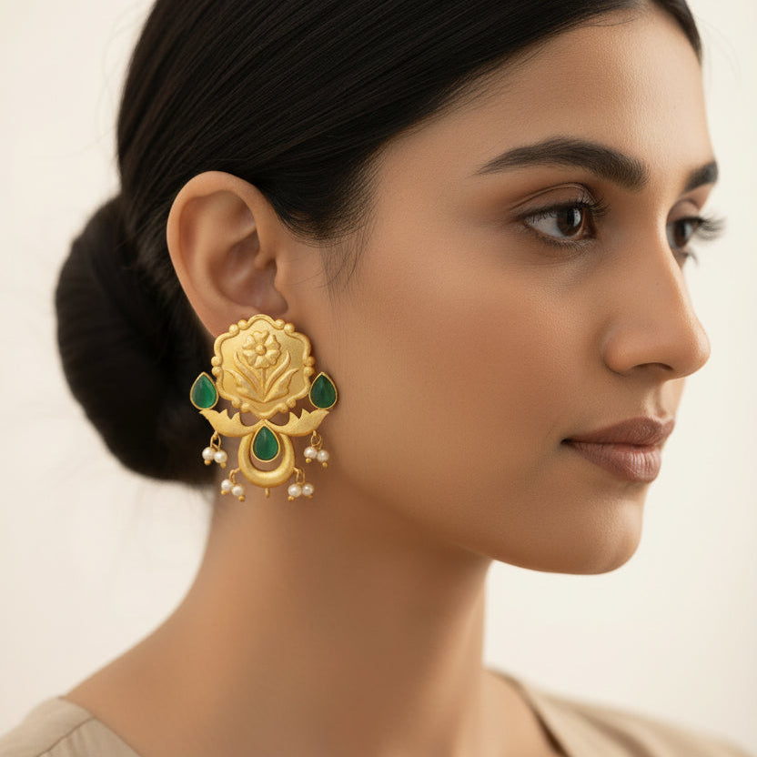 Ritika- Stone Studded Hanging Pearls Stud Earrings(Green)
