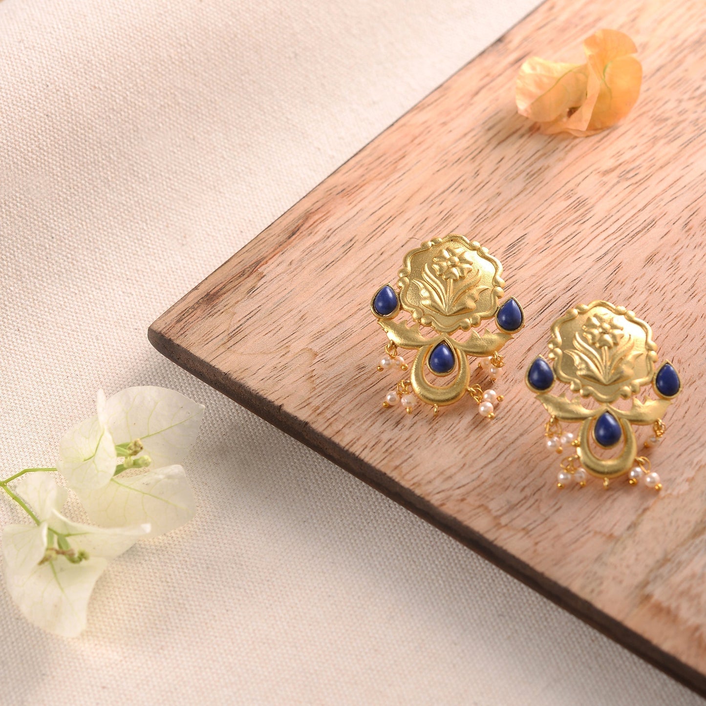 Ritika- Stone Studded Hanging Pearls Stud Earrings(Blue)