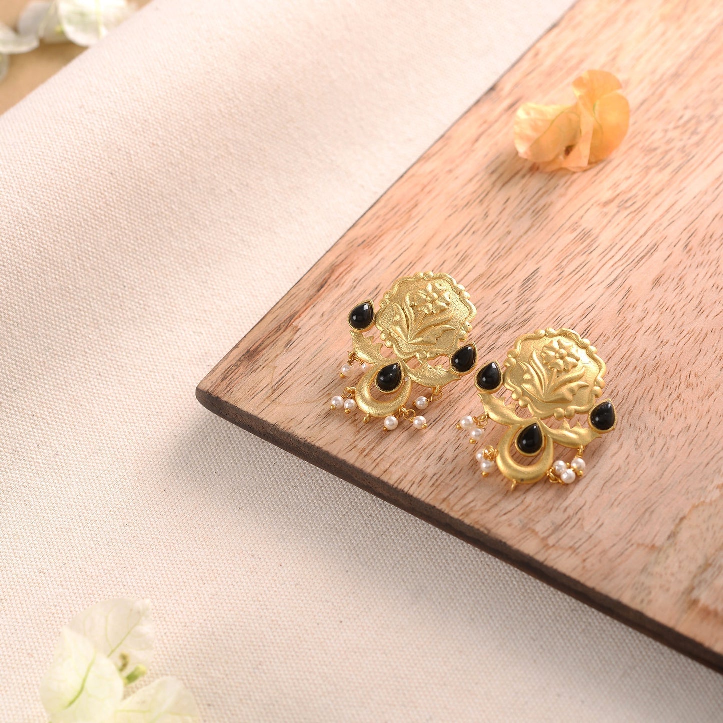 Ritika- Stone Studded Hanging Pearls Stud Earrings(Black)