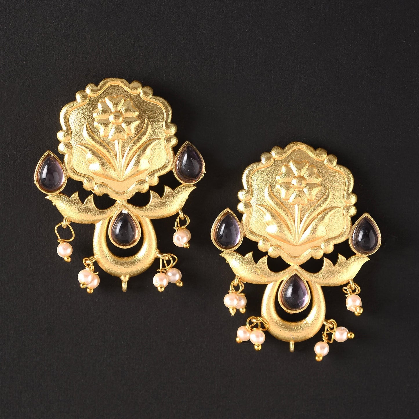Ritika- Stone Studded Hanging Pearls Stud Earrings(Black)