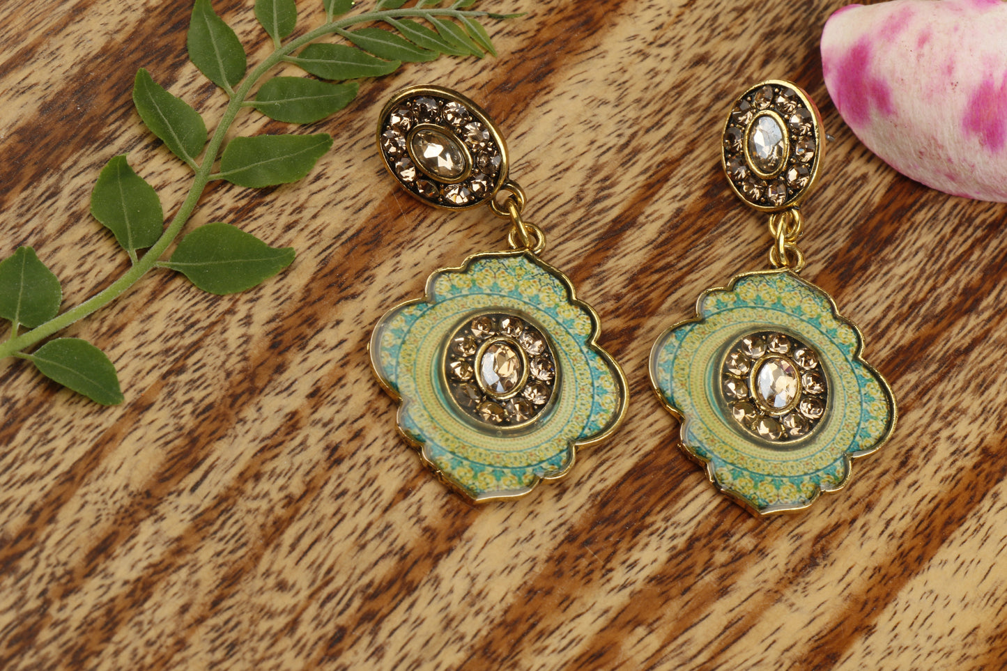 Mystic mirror- Hand painted stone studded dangler earrings