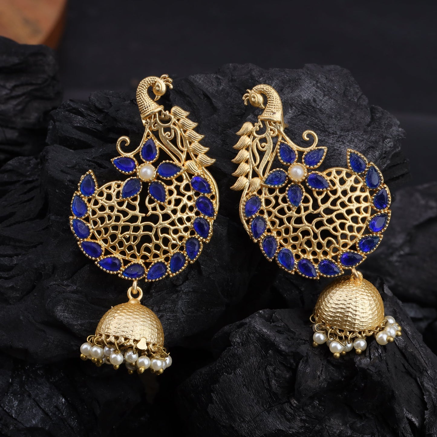 Prisha- Stone Studded Hanging Pearl Jhumki Earrings(Navy Blue)
