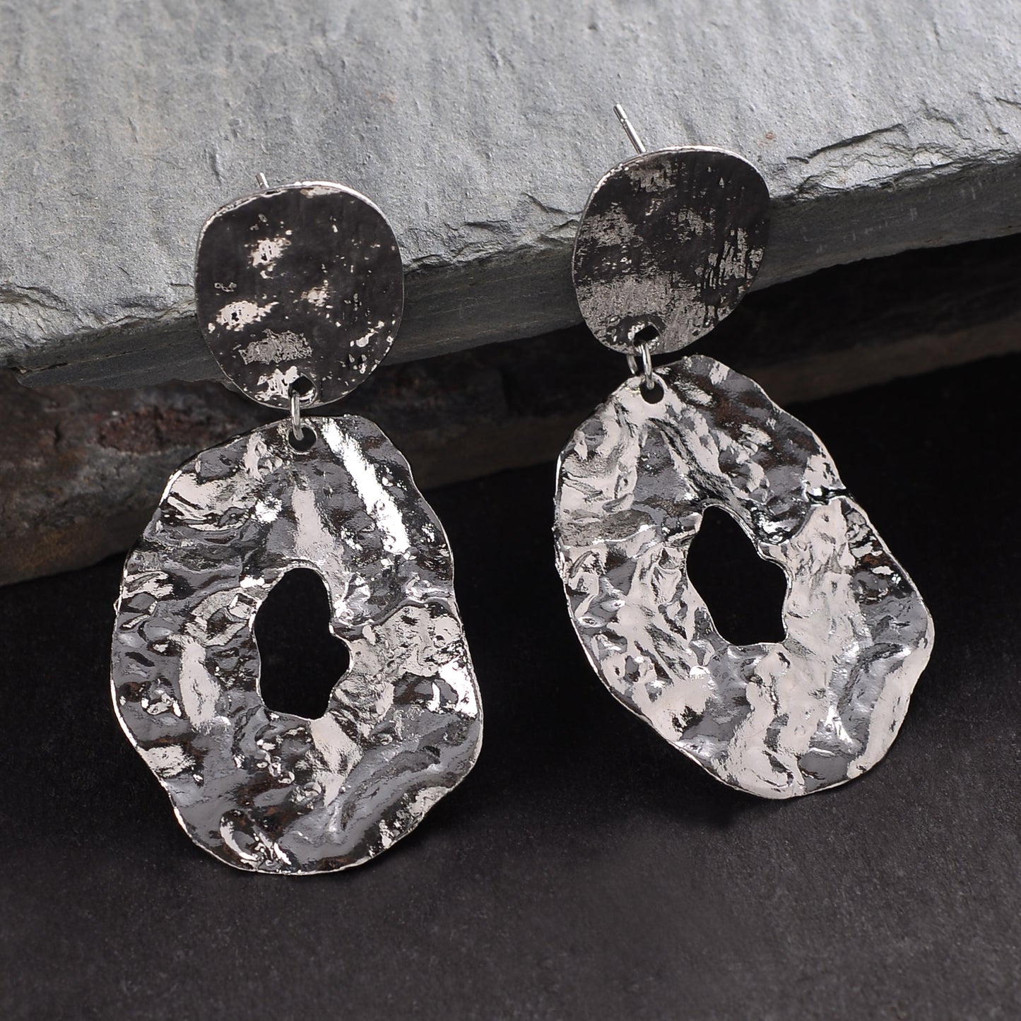 Lunar Glow- Metallic silver dangler earrings