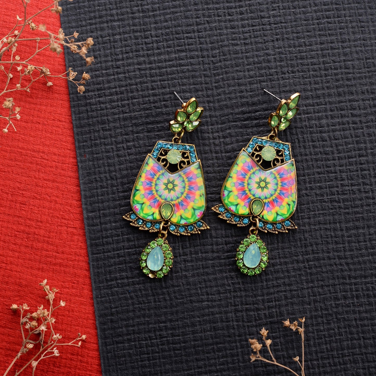Grace in green- Hand painted dangler earrings