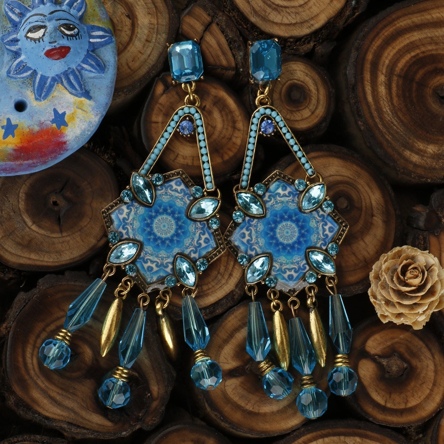 Wonder Waves- Hanging stones hand painted dangler earrings