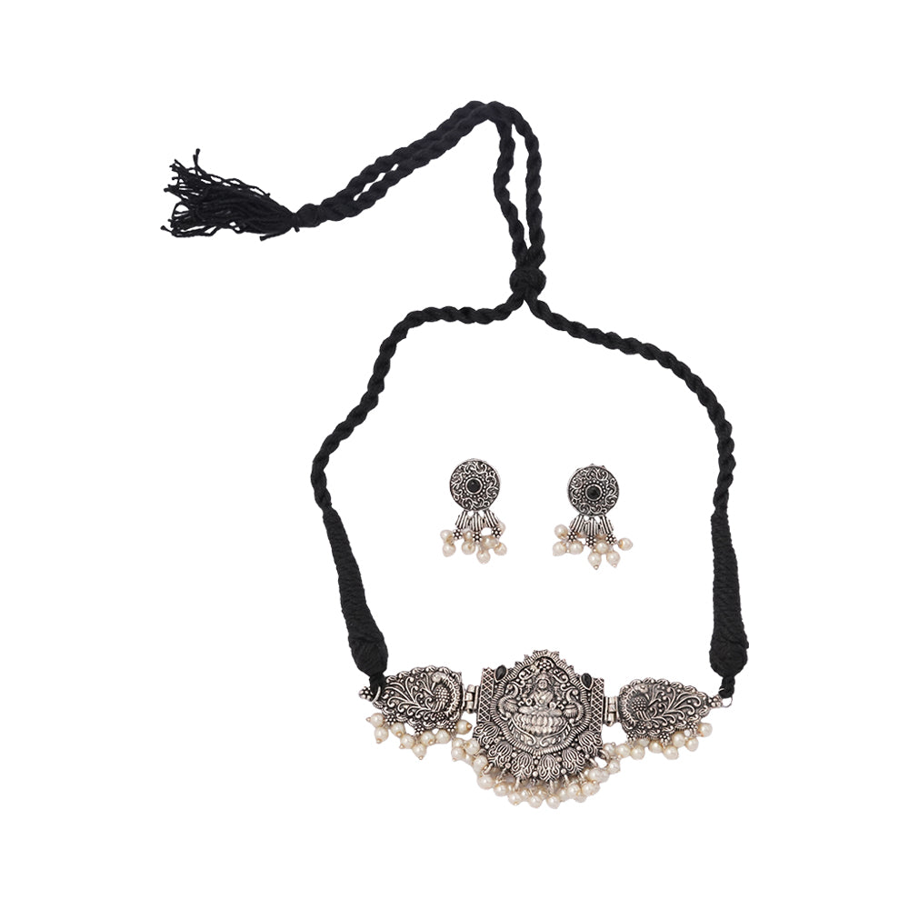 Padmalaya- Stone-Studded Laxmi Motif German Silver Neckpiece set(Black)