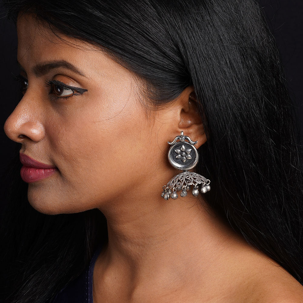 Kusum- Silver Brass ghungroo jhumka earrings