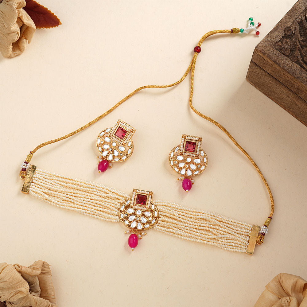 Veha- Stone studded Neckpiece set(Pink)