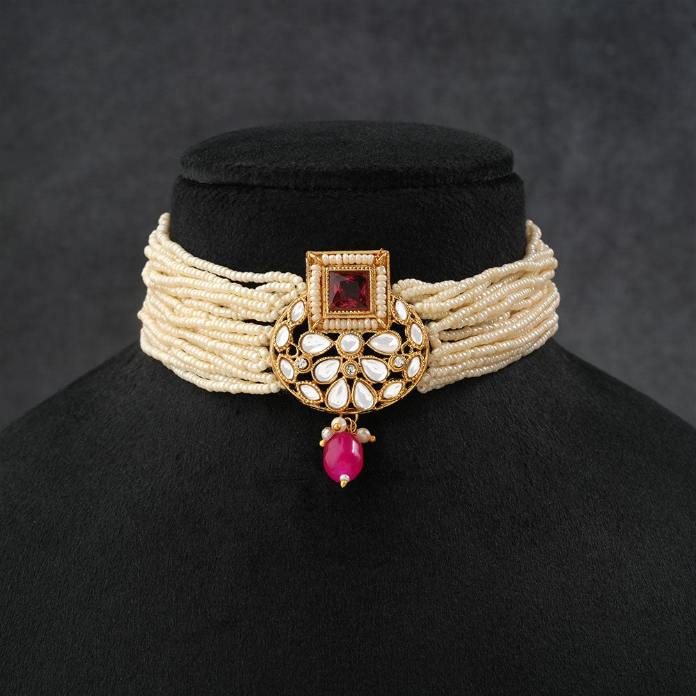 Veha- Stone studded Neckpiece set(Pink)