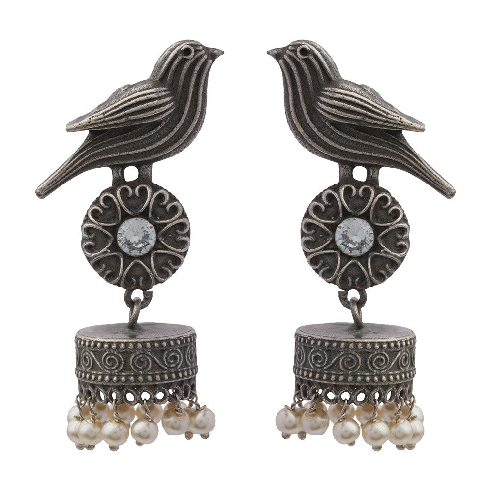 Chakori- Silver Brass Oxidised Jhumka Earrings(White)